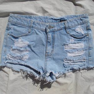 Distressed denim jean shorts